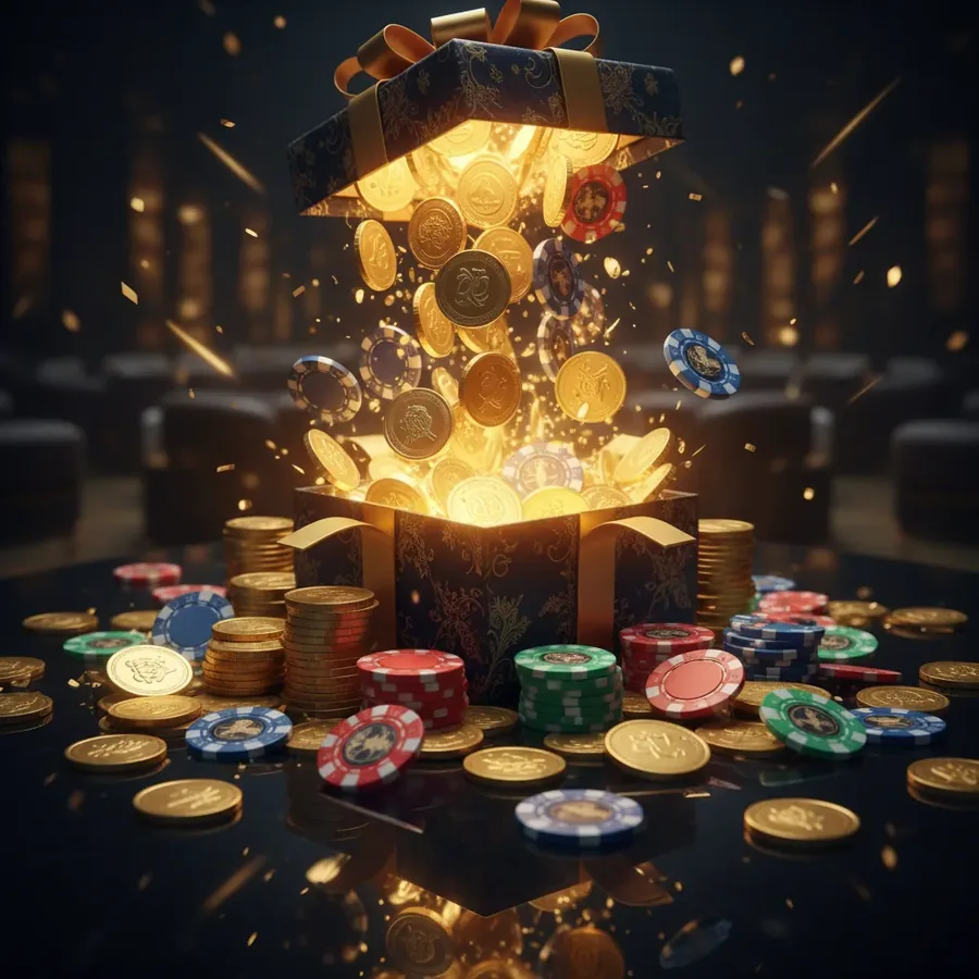Gold coins and chips overflowing from a glowing gift box