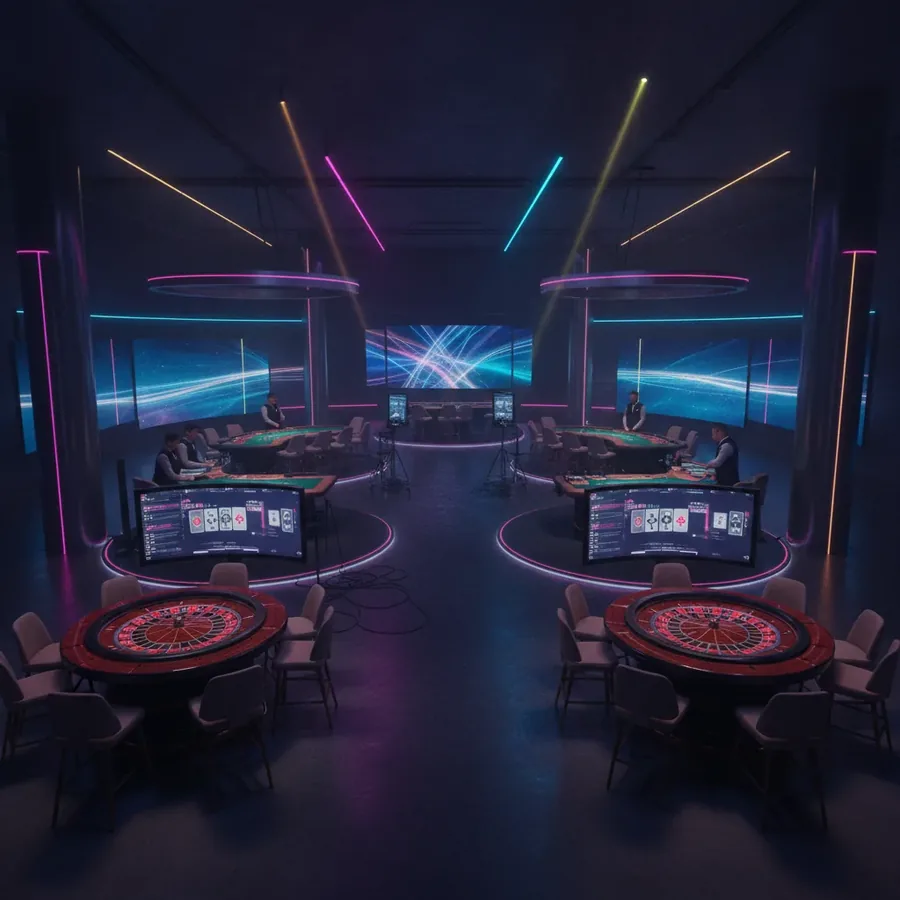 Overview of a live studio with multiple game tables